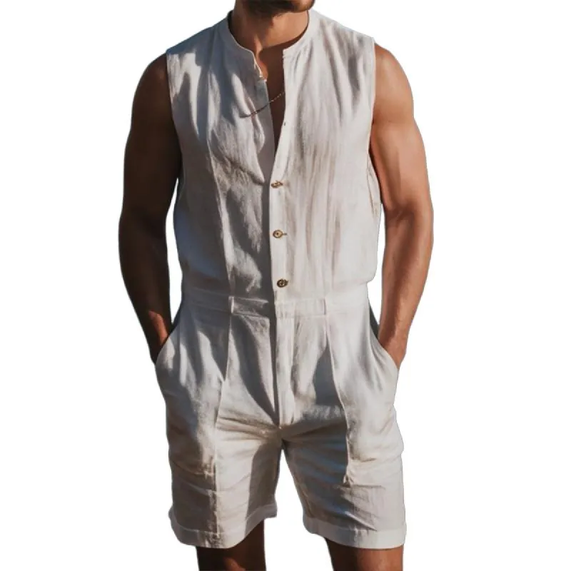 Men's Cotton and Linen Round Neck Buttoned Sleeveless Shorts Jumpsuit 80026103Y sold by Manly