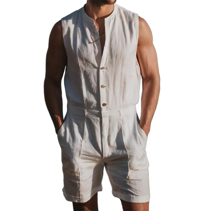 Men's Cotton and Linen Round Neck Buttoned Sleeveless Shorts Jumpsuit 80026103Y sold by Manly