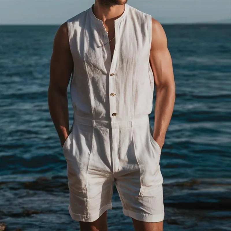 Men's Cotton and Linen Round Neck Buttoned Sleeveless Shorts Jumpsuit 80026103Y sold by Manly product image thumbnail 3