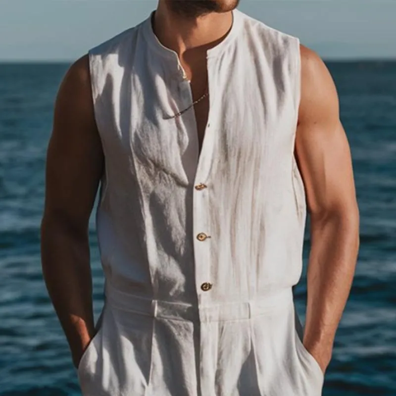 Men's Cotton and Linen Round Neck Buttoned Sleeveless Shorts Jumpsuit 80026103Y sold by Manly product image thumbnail 2