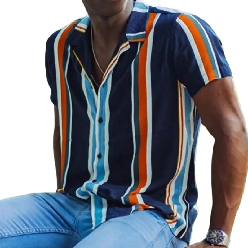Men's Striped Print Short Sleeve Shirt 01541569Y sold by Manly