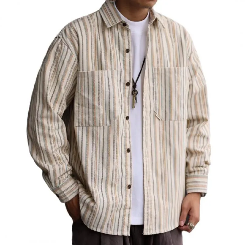 Men's Casual Striped Loose Lapel Patch Pocket Long Sleeve Shirt 32379389M sold by Manly