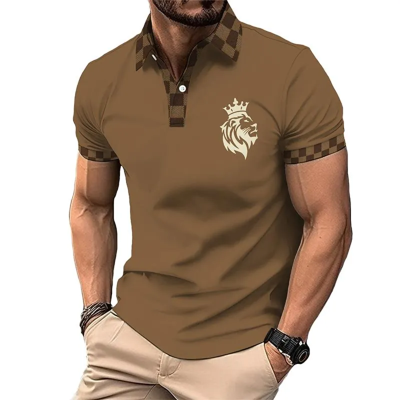 Men's Casual Plaid Lion Head Short-sleeved Polo Shirt 31230143TO sold by Manly