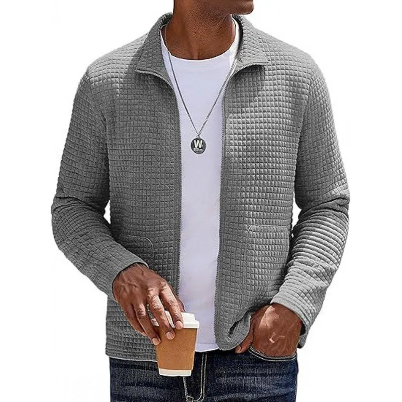 Men's Solid Plaid Lapel Long Sleeve Zipper Jacket 18463022Z sold by Manly