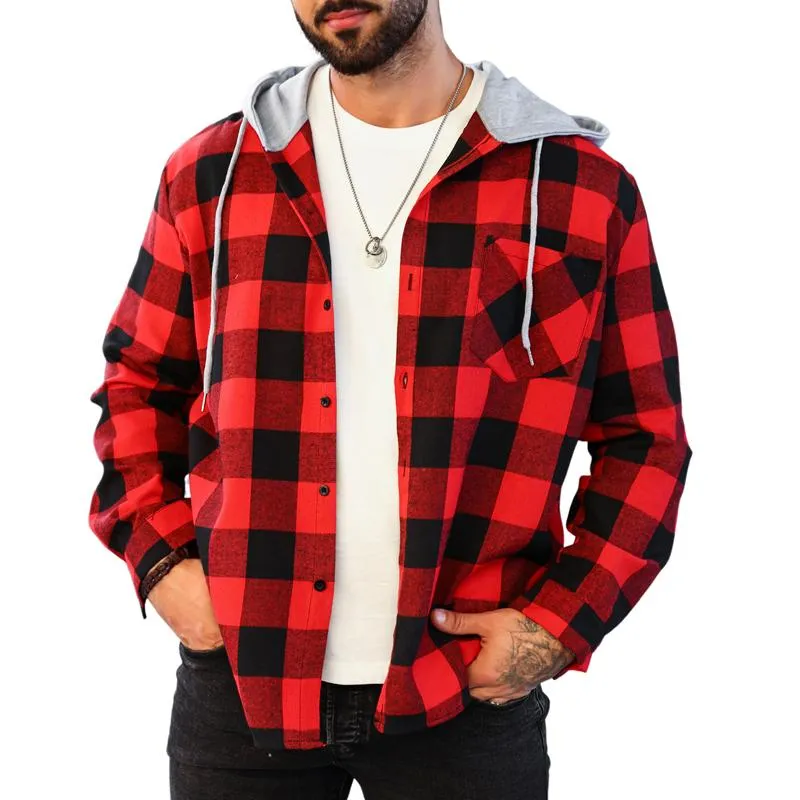 Men's Loose Plaid Casual Hooded Jacket 26090448X sold by Manly