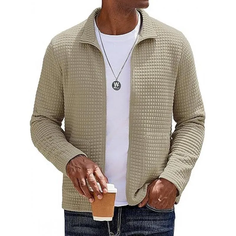 Men's Solid Plaid Lapel Long Sleeve Zipper Jacket 18463022Z sold by Manly product image thumbnail 4