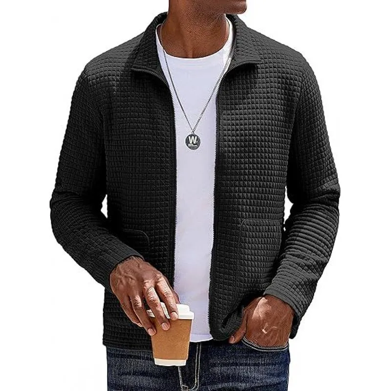 Men's Solid Plaid Lapel Long Sleeve Zipper Jacket 18463022Z sold by Manly product image thumbnail 2