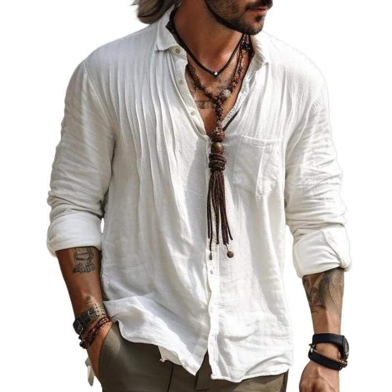 Men's Vintage Casual Pocket Lapel Long Sleeve Shirt 31502198TO sold by Manly