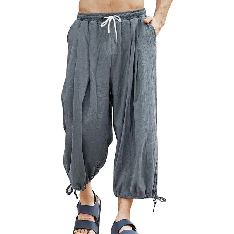 Men's Casual Loose Cotton Linen Elastic Wasit Cropped Pants 27621521M sold by Manly