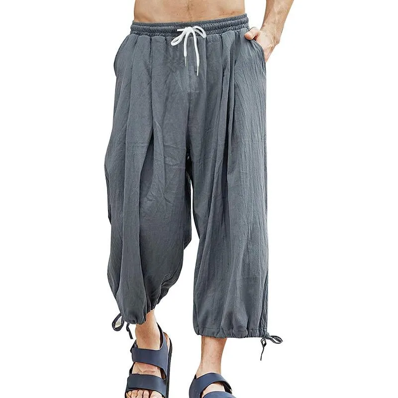 Men's Casual Loose Cotton Linen Elastic Wasit Cropped Pants 27621521M sold by Manly
