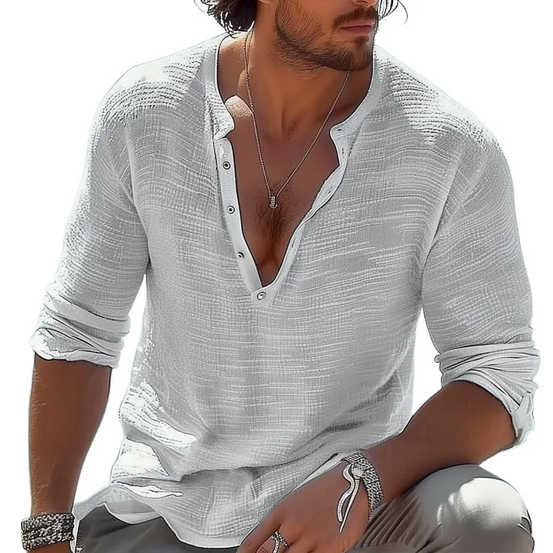 Men's Casual Cotton Linen Henley Collar Loose Long Sleeve T-shirt 84145141M sold by Manly
