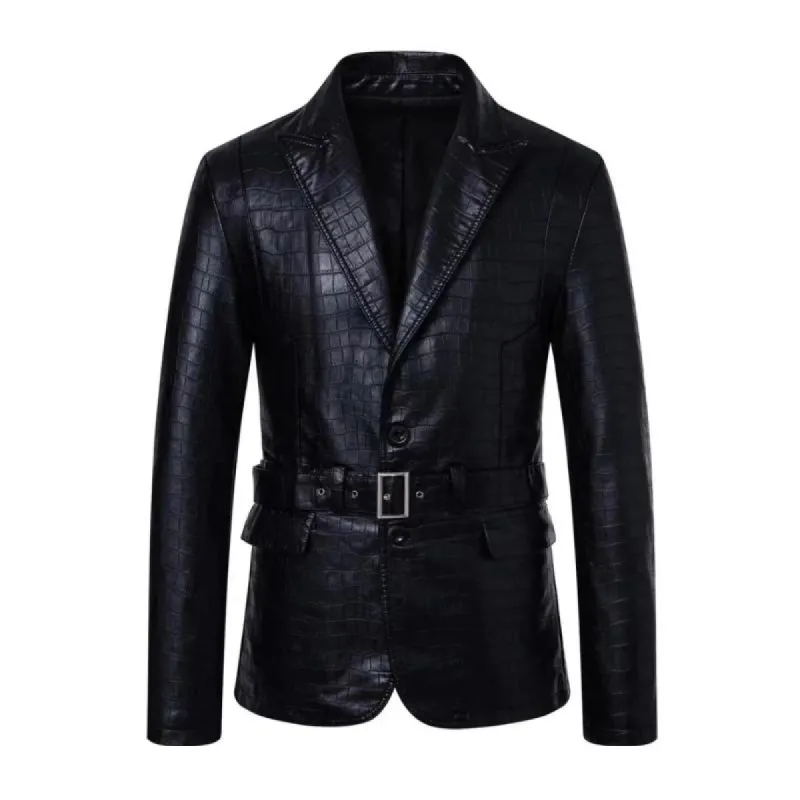 Men's Vintage Peaked Lapel Slim Fit Single Breasted Belt Leather Blazer 90779164M sold by Manly