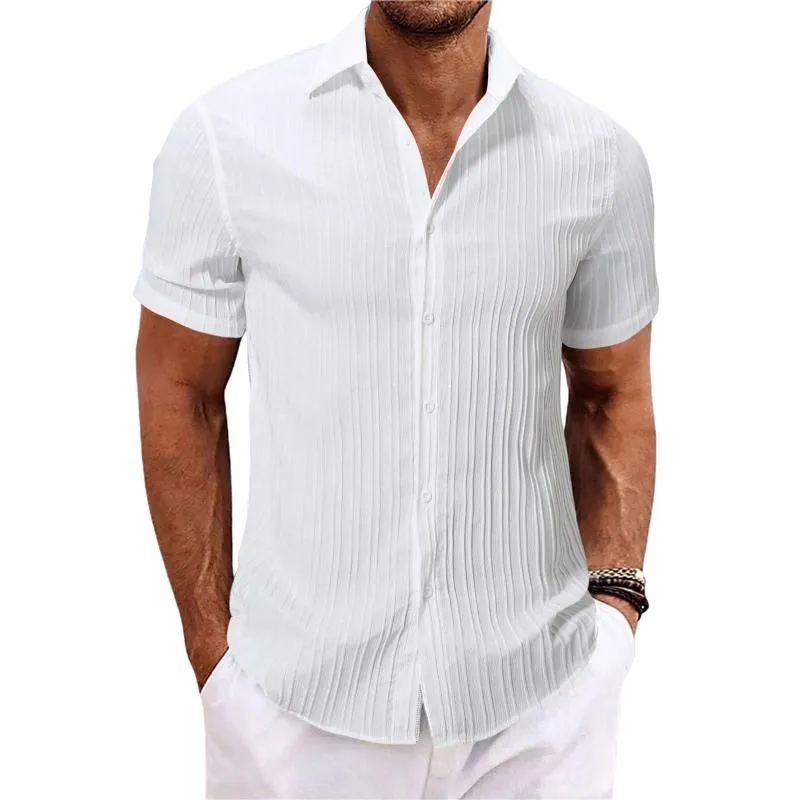 Men's Casual Cotton Linen Lapel Striped Slim Fit Short-sleeved Shirt 05952357M sold by Manly