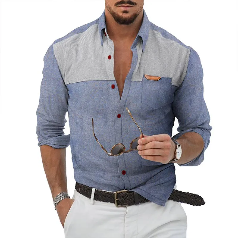 Men's Cotton and Linen Patchwork Pocket Shirt 39338247TO sold by Manly