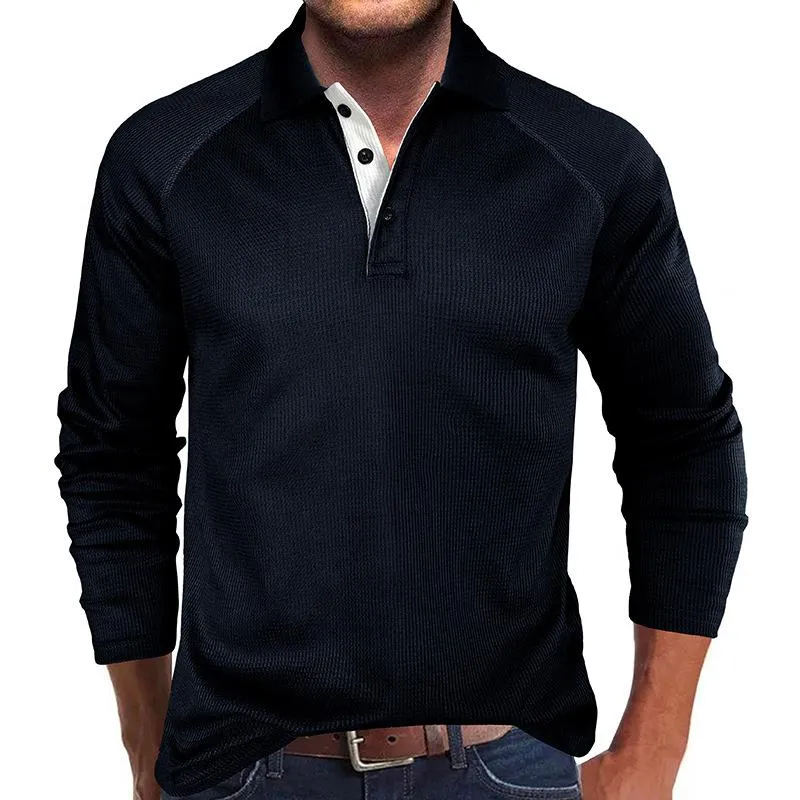 Men's Casual Waffle Solid Color Lapel Long Sleeve POLO Shirt 27886576Y sold by Manly product image thumbnail 5