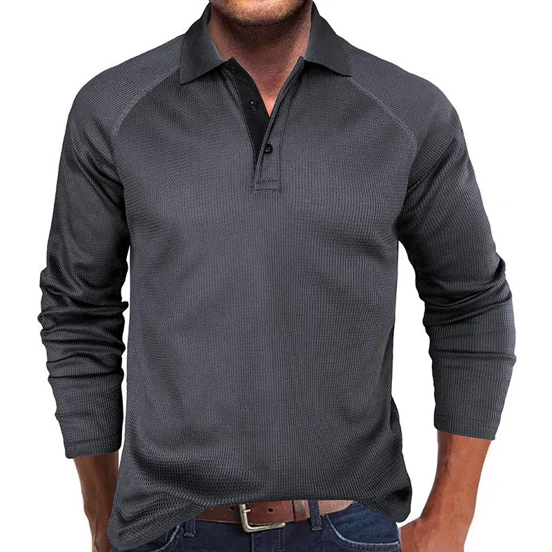 Men's Casual Waffle Solid Color Lapel Long Sleeve POLO Shirt 27886576Y sold by Manly product image thumbnail 4