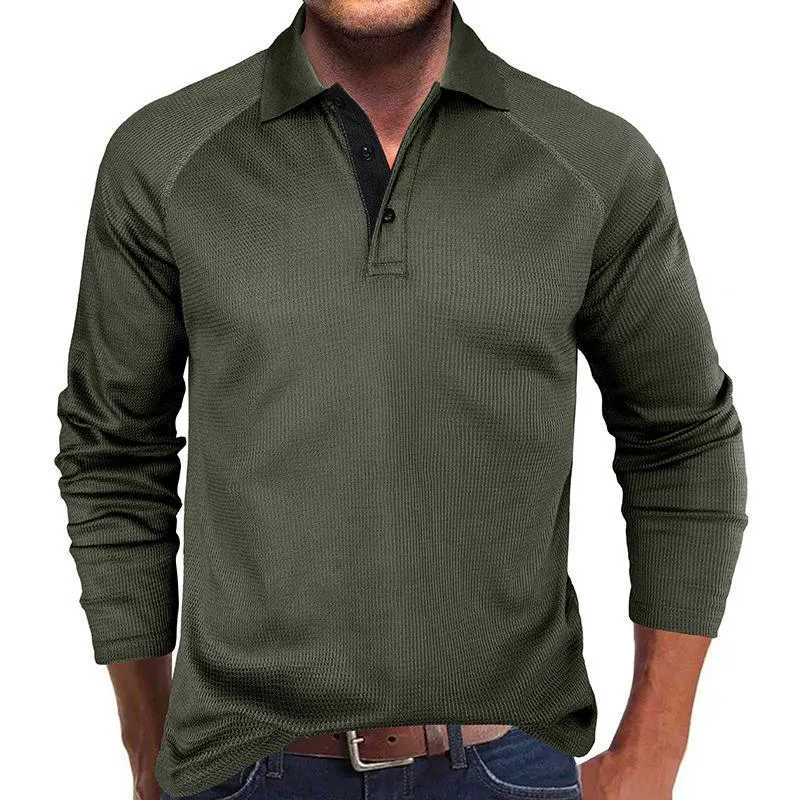 Men's Casual Waffle Solid Color Lapel Long Sleeve POLO Shirt 27886576Y sold by Manly product image thumbnail 3