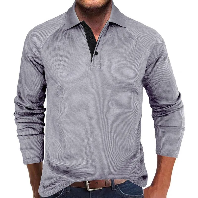 Men's Casual Waffle Solid Color Lapel Long Sleeve POLO Shirt 27886576Y sold by Manly