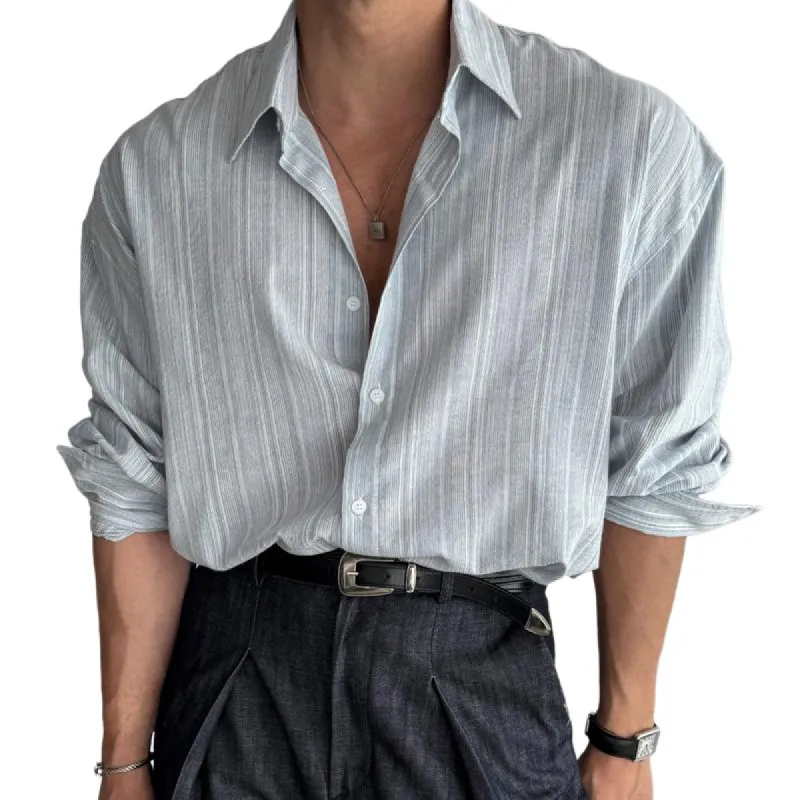 Men's Retro Casual Striped Lapel Long Sleeve Shirt 25136915TO sold by Manly