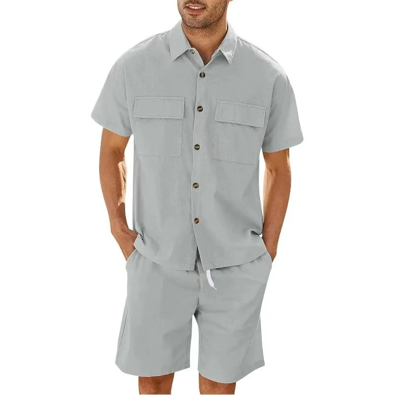 Men's Casual Solid Color Cargo Short Sleeved Shirt And Shorts Set 50375509Y sold by Manly product image thumbnail 3