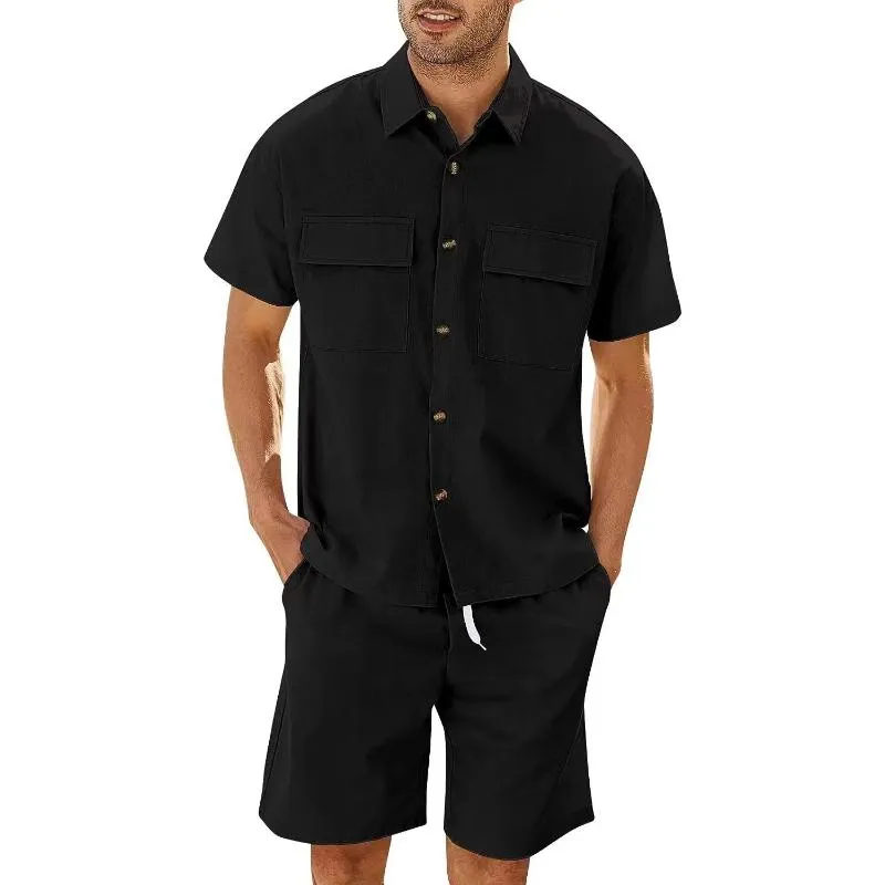 Men's Casual Solid Color Cargo Short Sleeved Shirt And Shorts Set 50375509Y sold by Manly