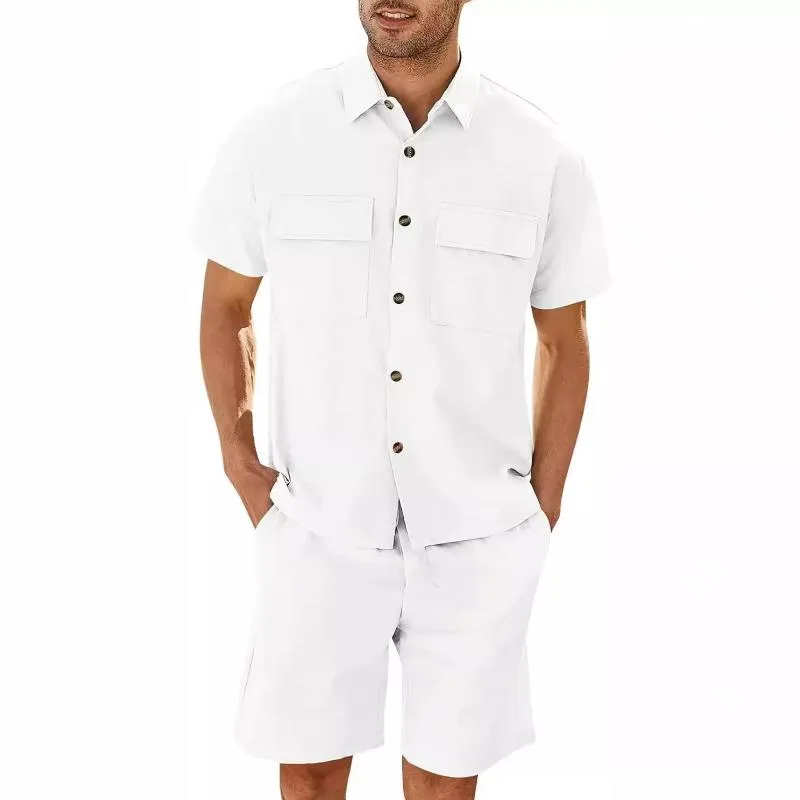 Men's Casual Solid Color Cargo Short Sleeved Shirt And Shorts Set 50375509Y sold by Manly product image thumbnail 2