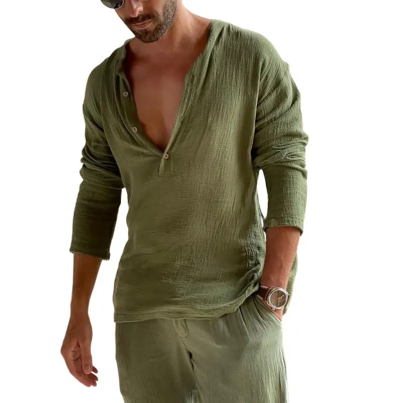 Men's Casual Cotton Linen Pleated Henley Collar Long Sleeve T-Shirt 30822075M sold by Manly