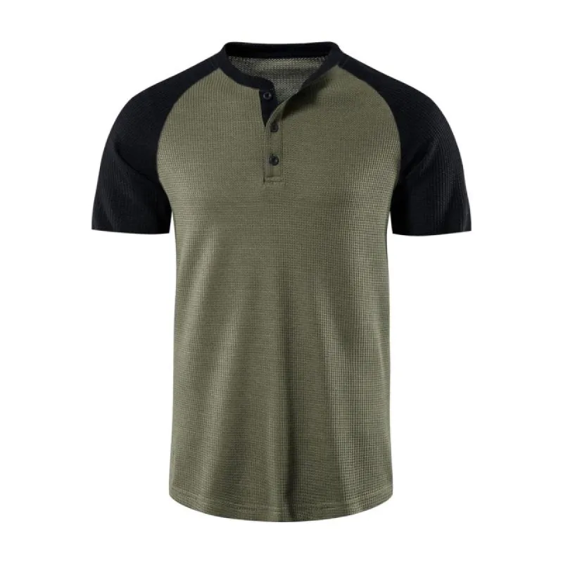 Men's Casual Waffle Henley Collar Contrast Raglan Short Sleeve T-Shirt 50940186M sold by Manly