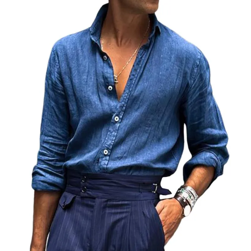Men's Retro Casual Solid Color Cotton and Linen Long Sleeve Shirt 71860074TO sold by Manly