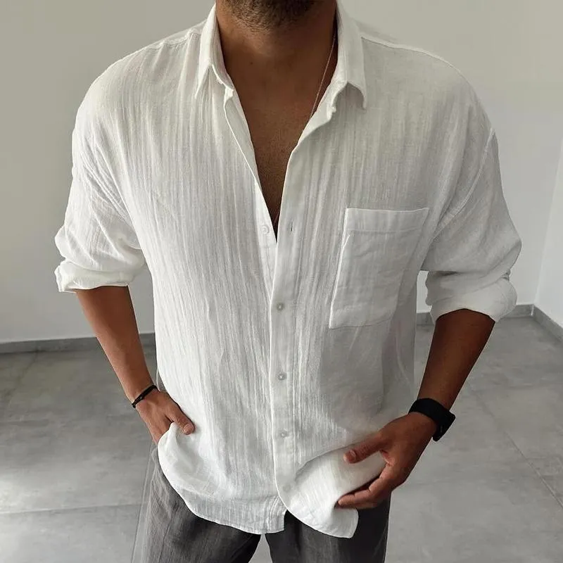 Men's Solid Cotton And Linen Lapel Chest Pocket Long Sleeve Shirt 28883515Z sold by Manly product image thumbnail 2