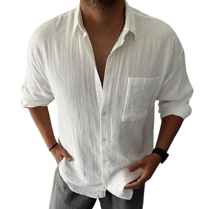 Men's Solid Cotton And Linen Lapel Chest Pocket Long Sleeve Shirt 28883515Z sold by Manly