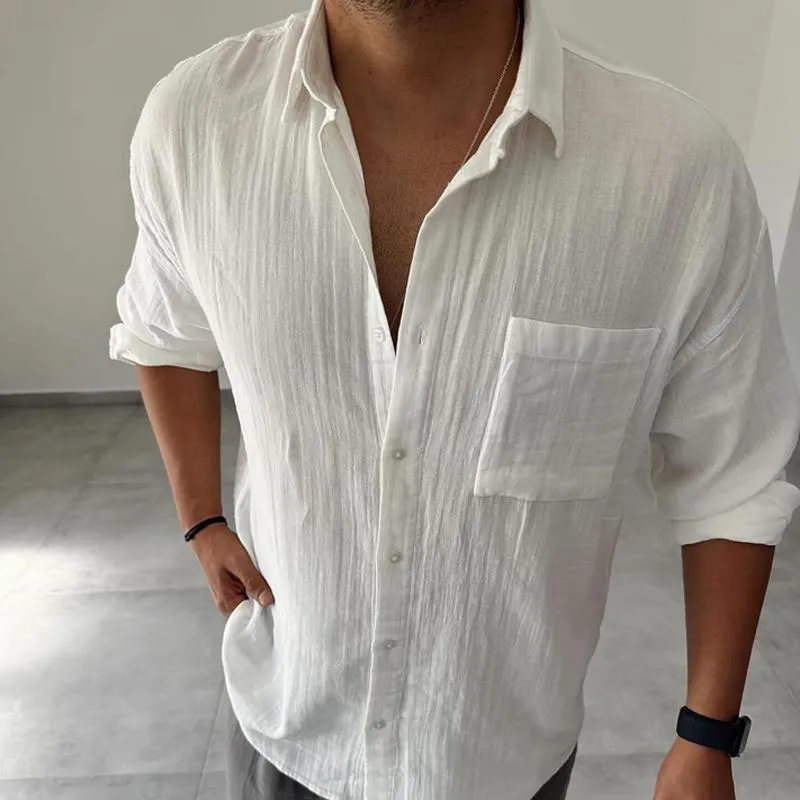 Men's Solid Cotton And Linen Lapel Chest Pocket Long Sleeve Shirt 28883515Z sold by Manly product image thumbnail 4