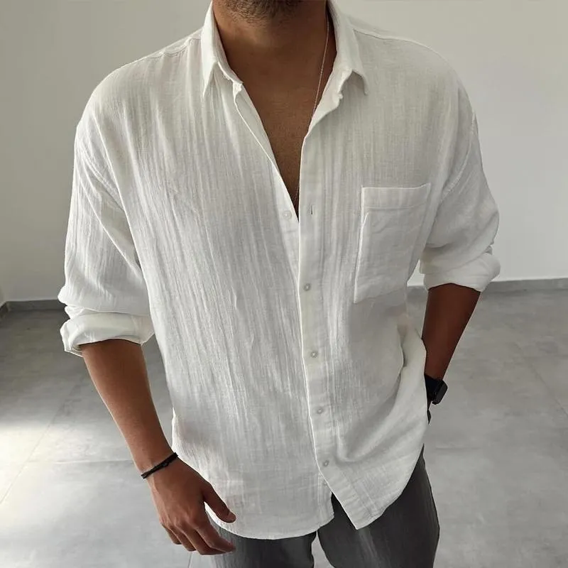 Men's Solid Cotton And Linen Lapel Chest Pocket Long Sleeve Shirt 28883515Z sold by Manly product image thumbnail 3