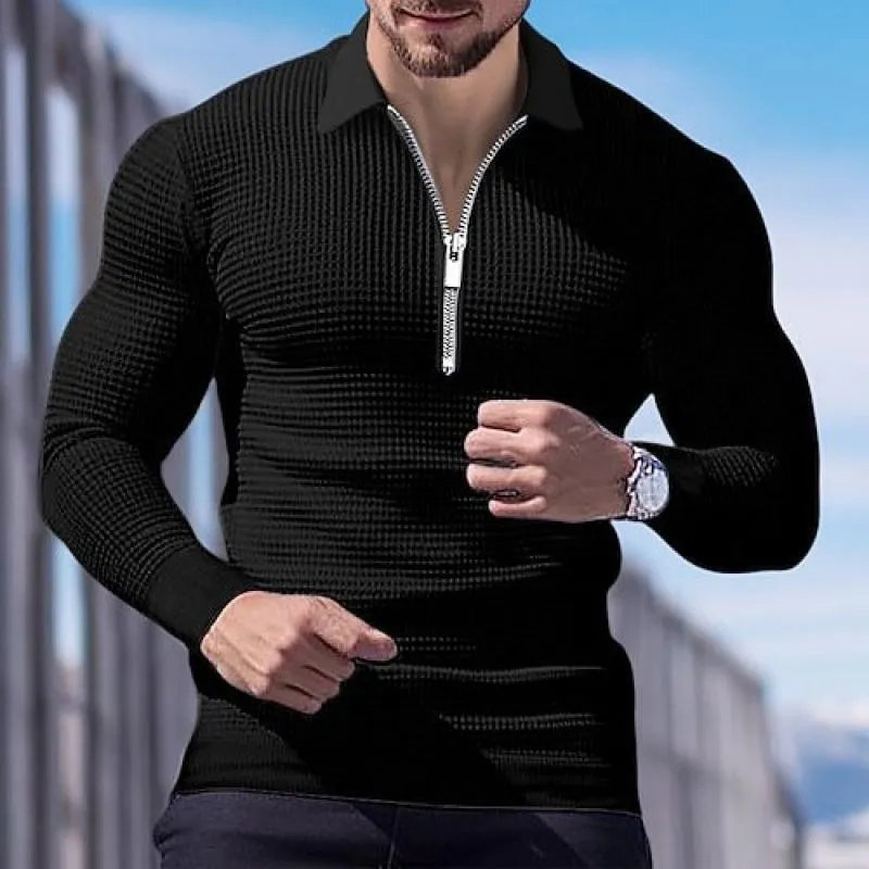 Men's Solid Waffle Lapel Long Sleeve Polo Shirt 64272074Z sold by Manly product image thumbnail 2