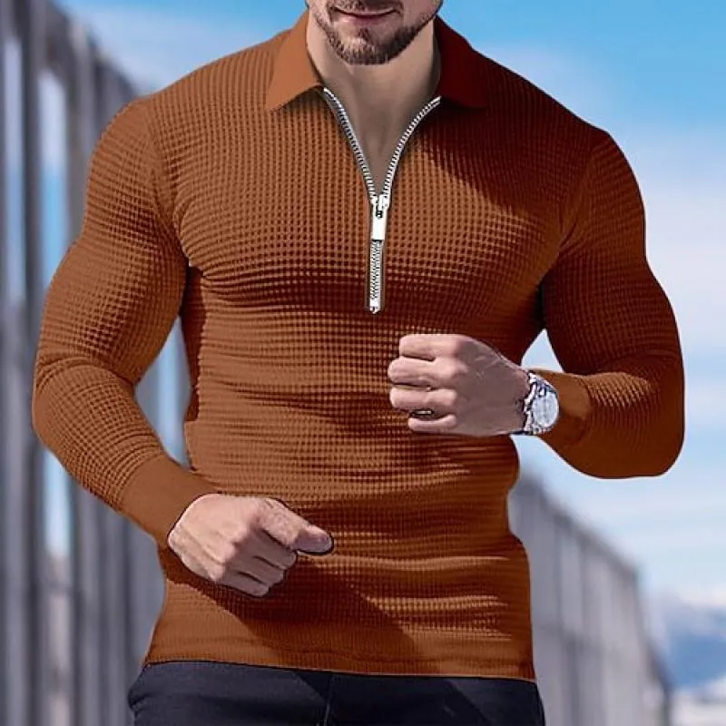 Men's Solid Waffle Lapel Long Sleeve Polo Shirt 64272074Z sold by Manly product image thumbnail 4