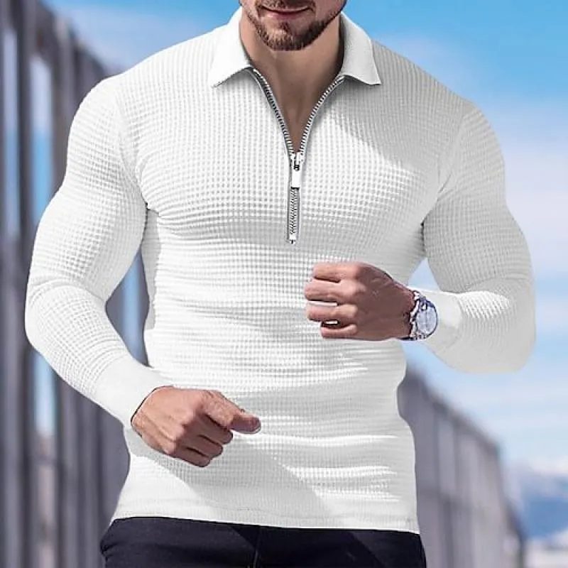 Men's Solid Waffle Lapel Long Sleeve Polo Shirt 64272074Z sold by Manly product image thumbnail 3