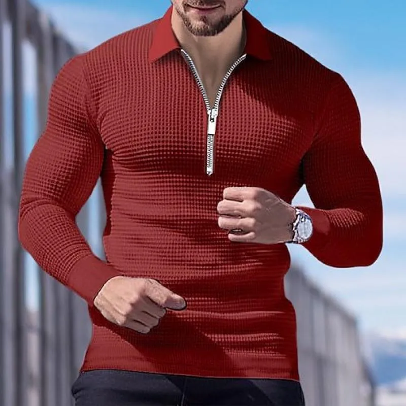 Men's Solid Waffle Lapel Long Sleeve Polo Shirt 64272074Z sold by Manly product image thumbnail 5