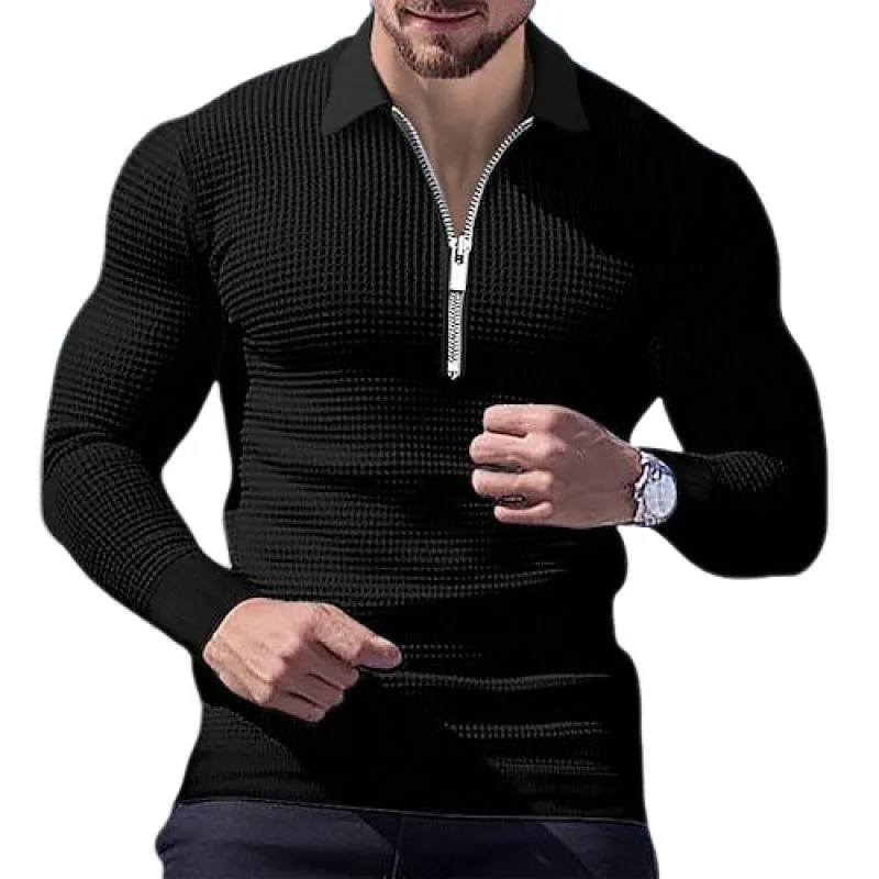 Men's Solid Waffle Lapel Long Sleeve Polo Shirt 64272074Z sold by Manly