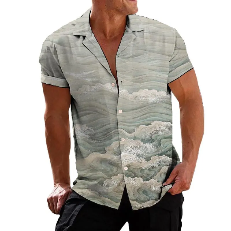 Men's Retro Ukiyoe Wave Lapel Print Shirt 18147726TO sold by Manly