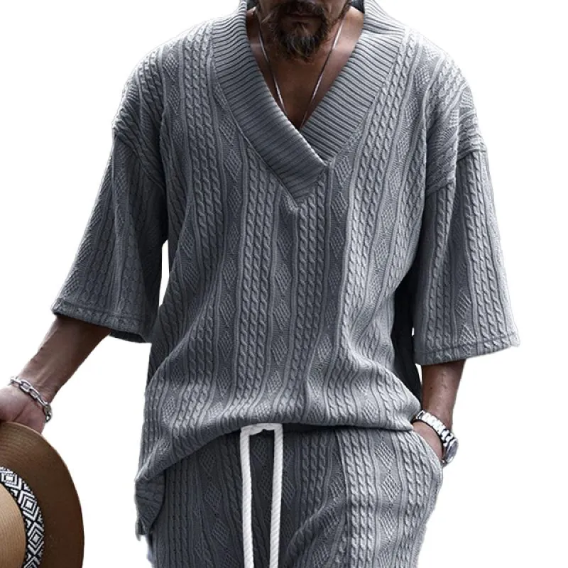 Men's Solid V Neck Jacquard Knitwear Half Sleeve T-Shirt 58987882Z sold by Manly