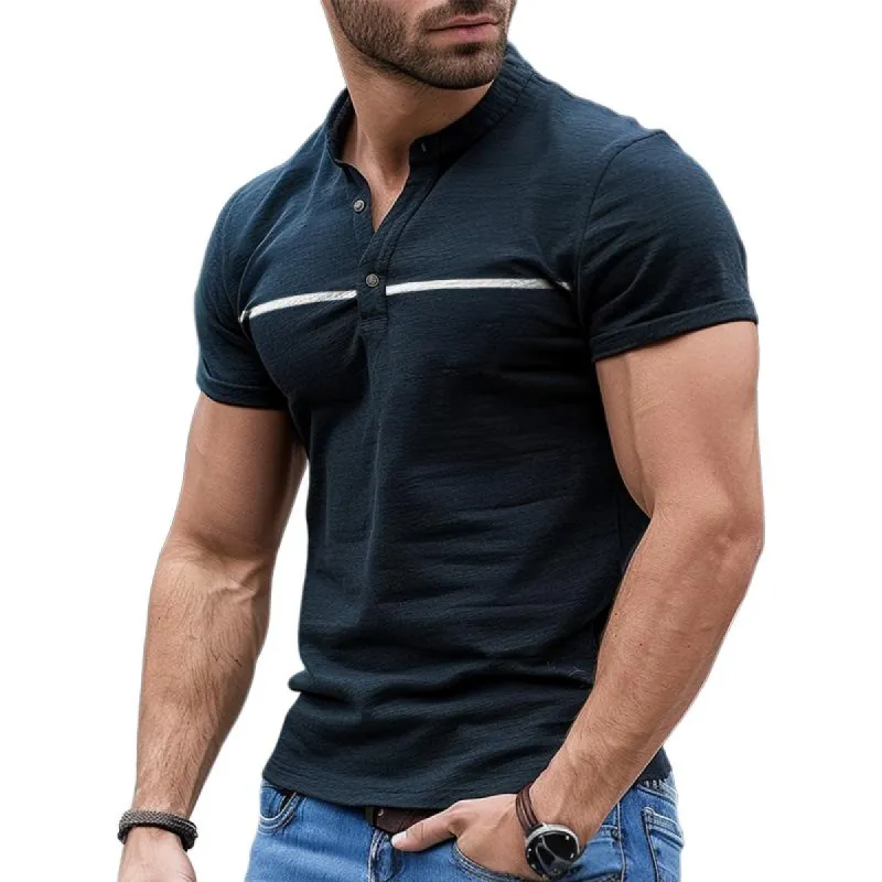 Men's Casual Striped Stand Collar T-shirt 85060970TO sold by Manly