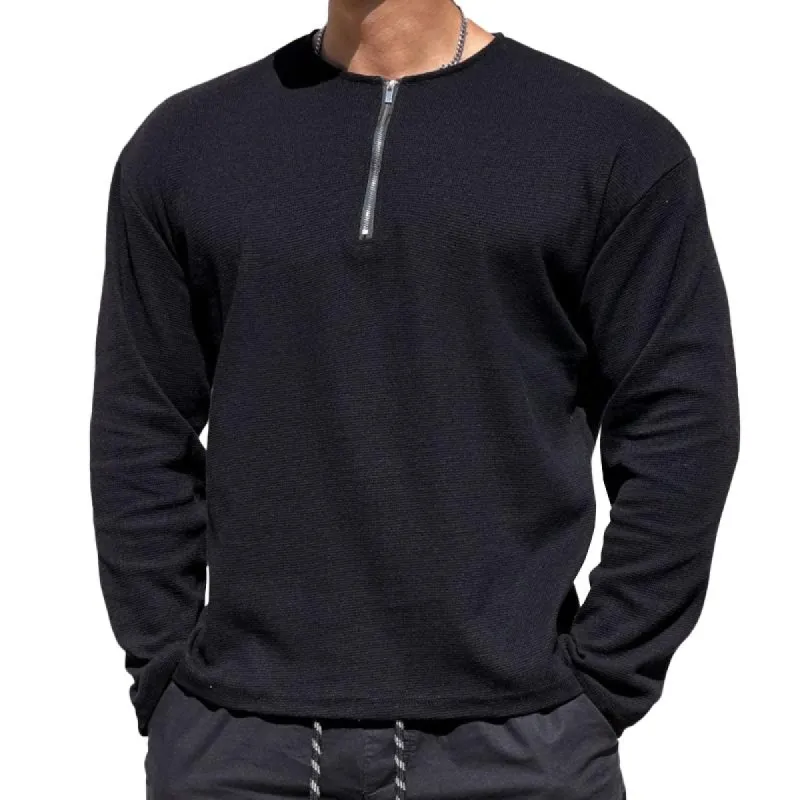 Men's Solid Waffle Zip Round Neck Long Sleeve Casual T-shirt 93451037Z sold by Manly