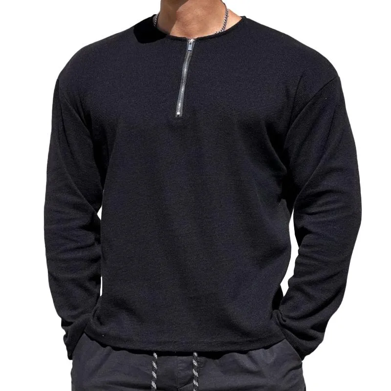 Men's Solid Waffle Zip Round Neck Long Sleeve Casual T-shirt 93451037Z sold by Manly