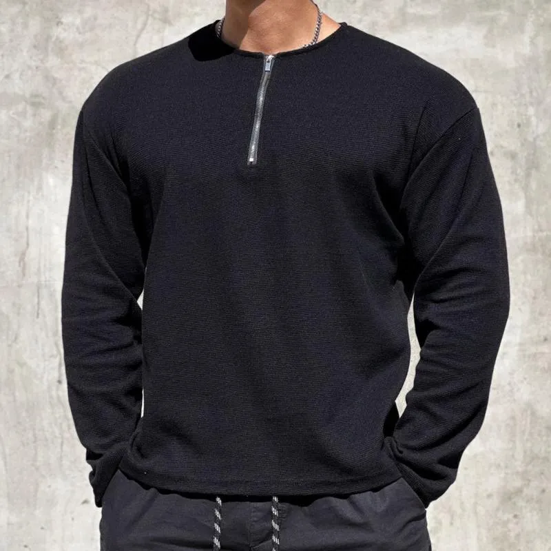Men's Solid Waffle Zip Round Neck Long Sleeve Casual T-shirt 93451037Z sold by Manly product image thumbnail 2