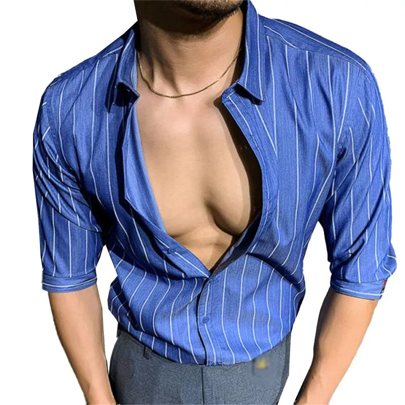 Men's Casual Striped Lapel Single Breasted Long Sleeve Shirt 67274663Y sold by Manly