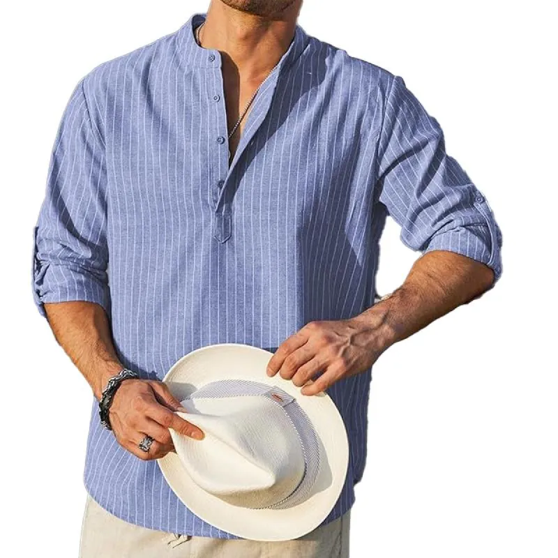 Men's Casual Striped Print Long Sleeve Stand Collar Shirt 96914164Y sold by Manly
