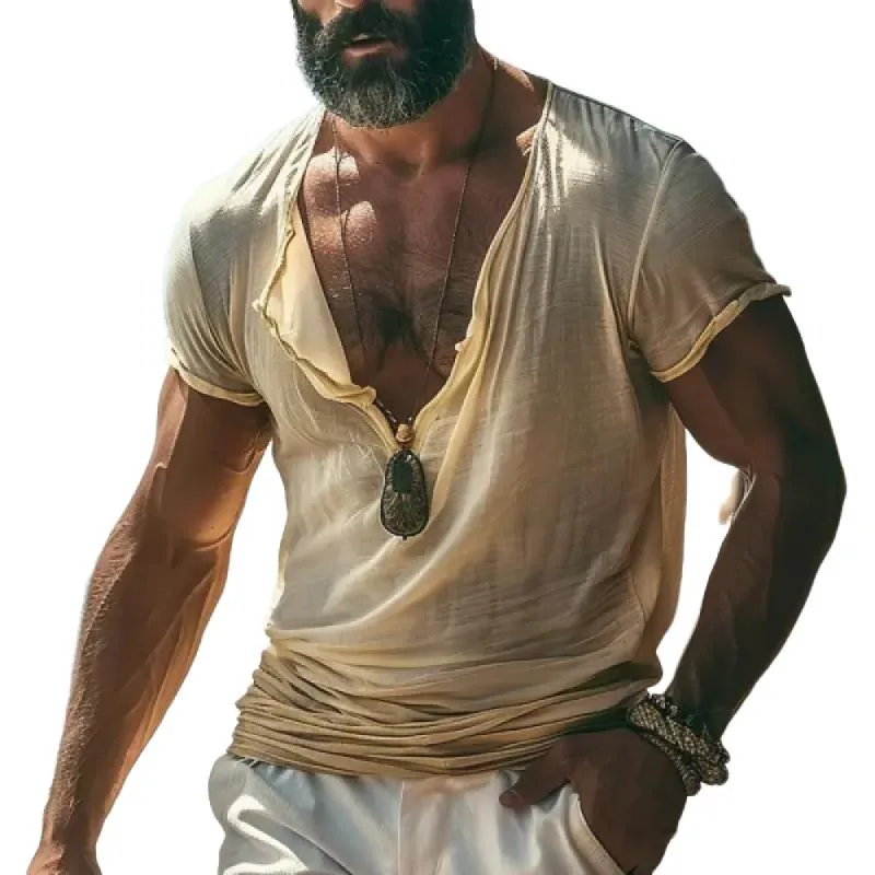 Men's Solid Color V-Neck Short-Sleeved T-Shirt 21391308Y sold by Manly