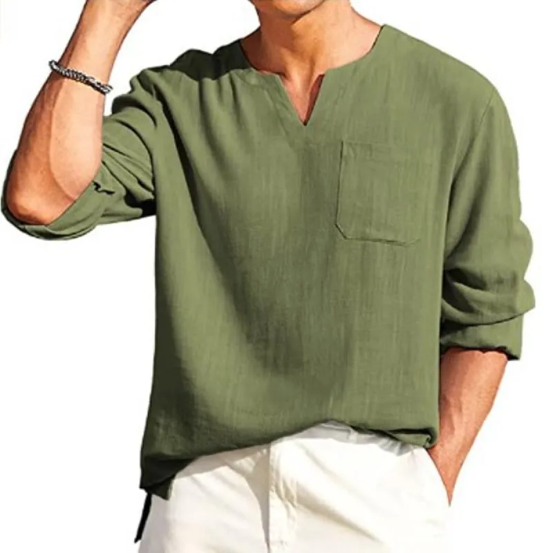 Men's Casual Solid Color V-Neck Chest Pocket Long Sleeve Shirt 89776575Y sold by Manly