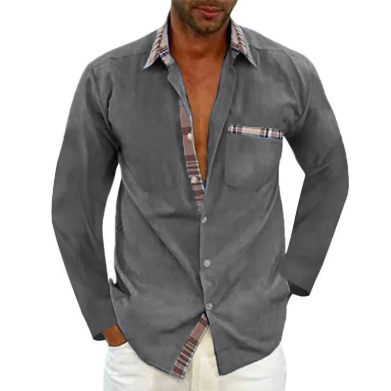 Men's Casual Plaid Stitching Lapel Long Sleeve Shirt 34110663Y sold by Manly