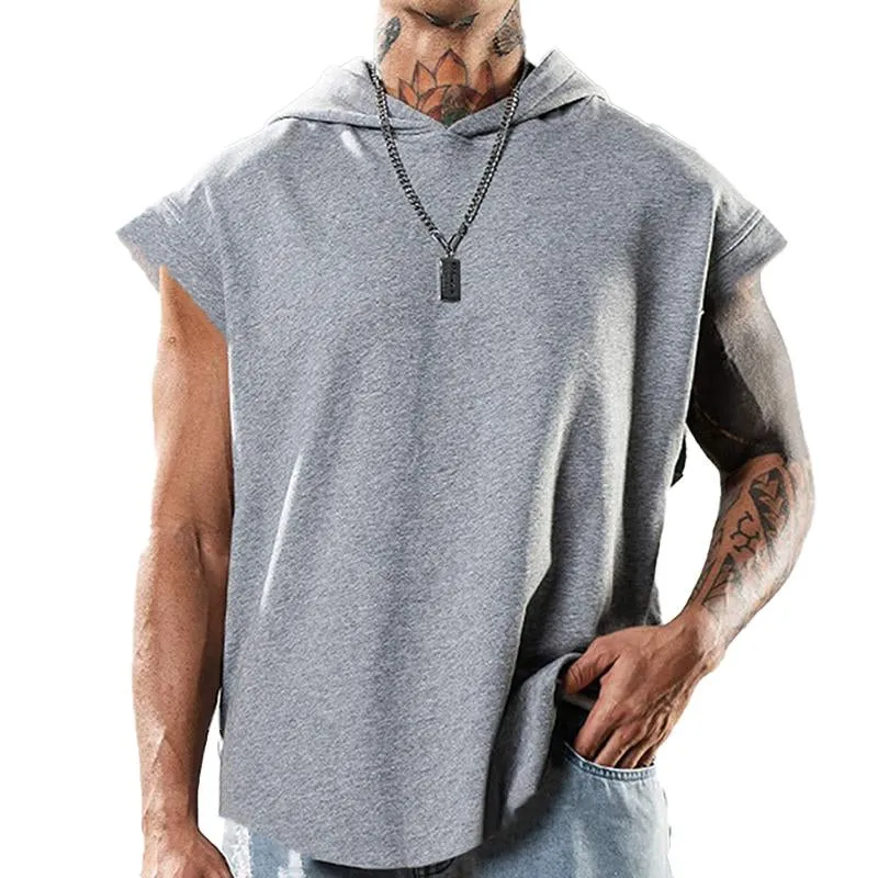 Men's Solid Color Hooded Loose Short Sleeve Tank Top 36177507X sold by Manly